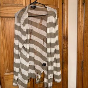 POL Distressed Striped Open-Front Cardigan - Cream & Brown